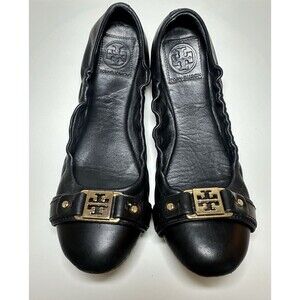 TORY BURCH Ambrose Ballet Flat Black Leather Gold Logo Slip On Stretch Shoes 8.5